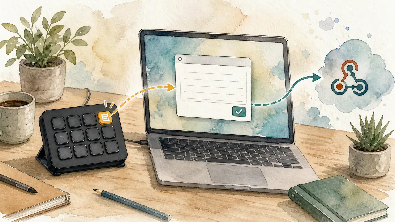Aquarell-Illustration: Ein Stream-Deck-Button öffnet ein Capture-Modal und sendet eine Notiz an einen Webhook-Endpunkt.