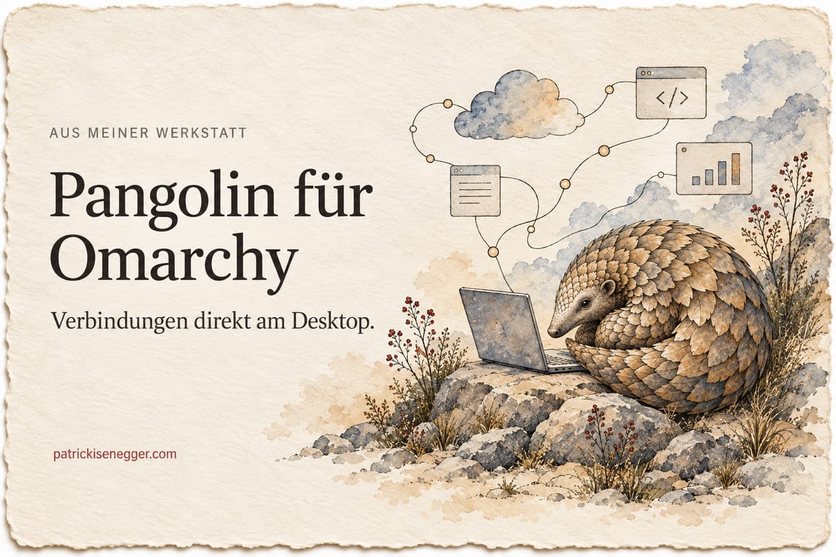 Aquarell eines Schuppentiers neben einem Laptop, mit der Aufschrift Pangolin für Omarchy.