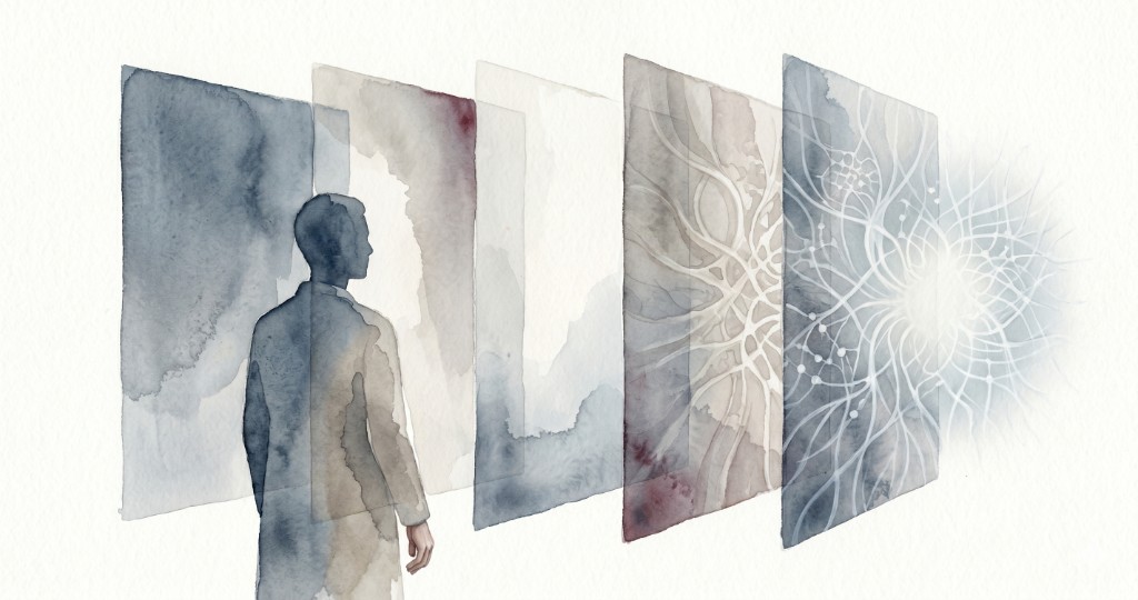 Watercolor illustration: a person facing five translucent layers symbolizing structural limits of AI.