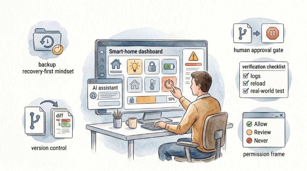 Aquarell-Illustration: Operator am Smart-Home-Dashboard mit Backup, Diff, Approval-Gate und Verifikations-Checkliste als Guardrails.