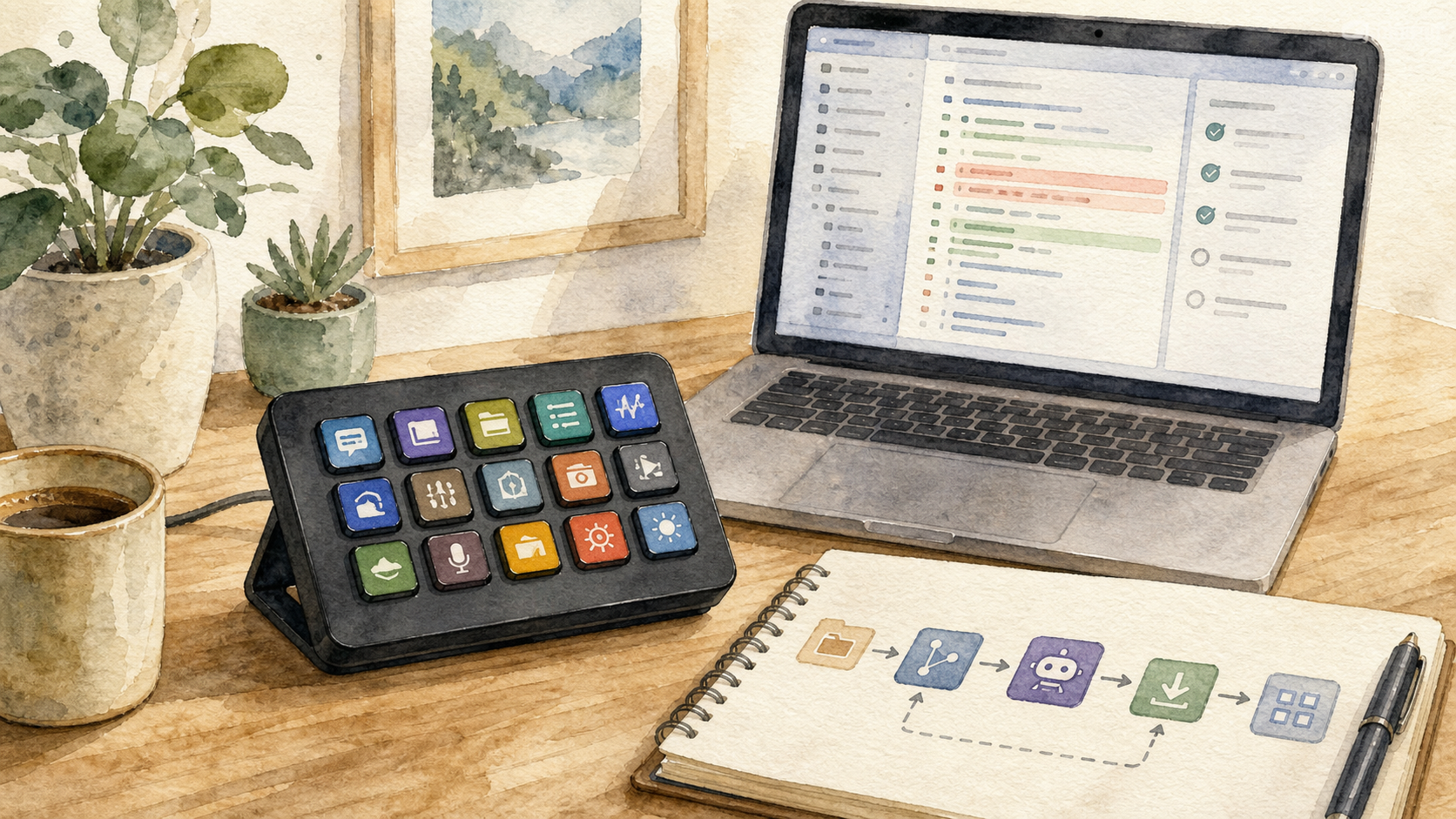 Aquarell-Illustration eines Schreibtischs mit Stream Deck, Laptop-Diff und Review-Checkliste für Icon-Pflege mit Coding-Agents.